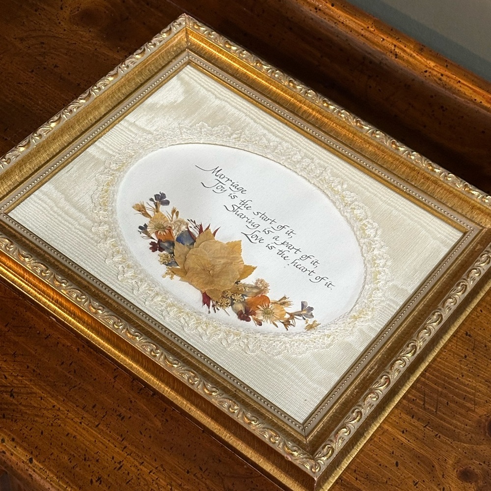 Vintage Gibran Wedding Marriage Poem Picture Gold Frame With Dried Flowers 1990